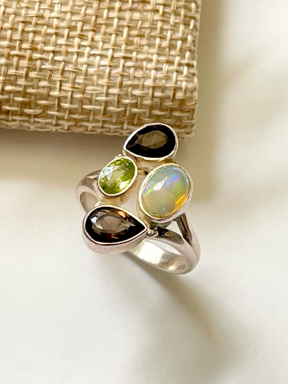 Natural Ethiopian Opal, Smoky Quartz,& Peridot multi gemstone ring in (S925) US: